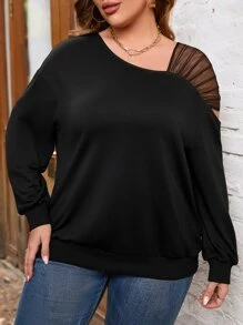 SHEIN LUNE Plus Contrast Mesh Drop Shoulder Sweatshirt - Black - View 5