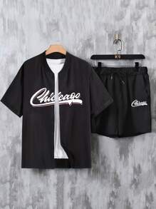 Aesthetic Post Lỏng lẻo phù hợp Nam Đồ họa Chữ cái Cổ Đứng Áo sơ mi & Eo dây rút Quần short ( Without Tee ) - màu đen - Xem 1