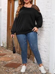SHEIN LUNE Plus Contrast Mesh Drop Shoulder Sweatshirt - Black - View 6