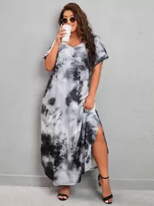 SHEIN LUNE 大碼紮染隱藏口袋弧形下擺T恤連衣裙 - 黑與白 - 查看 3