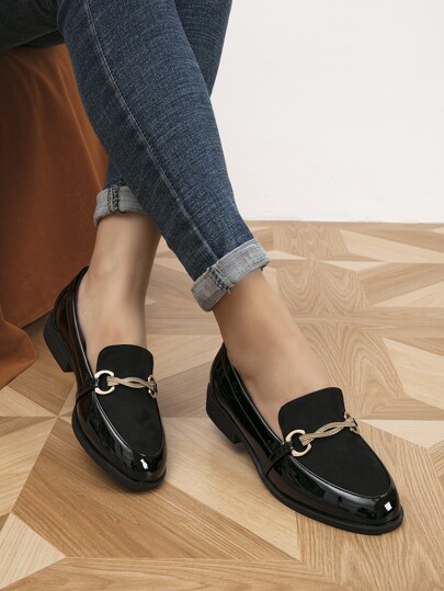 Horsebit Decor Slip On Loafers,Women's spring and autumn casual splicing buckle-resistant low-top round-toe flat-bottomed loafers