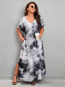 SHEIN LUNE 大碼紮染隱藏口袋弧形下擺T恤連衣裙 - 黑與白 - 查看 5