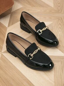 Horsebit Decor Slip On Loafers,Women's spring and autumn casual splicing buckle-resistant low-top round-toe flat-bottomed loafers - Black - View 3