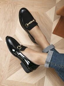 Horsebit Decor Slip On Loafers,Women's spring and autumn casual splicing buckle-resistant low-top round-toe flat-bottomed loafers - Black - View 4