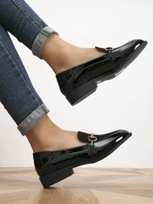 Horsebit Decor Slip On Loafers,Women's spring and autumn casual splicing buckle-resistant low-top round-toe flat-bottomed loafers - Black - View 5