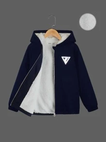 SHEIN Boys Reflective Geo Print Teddy Lined Hooded Jacket - Navy Blue - View 1