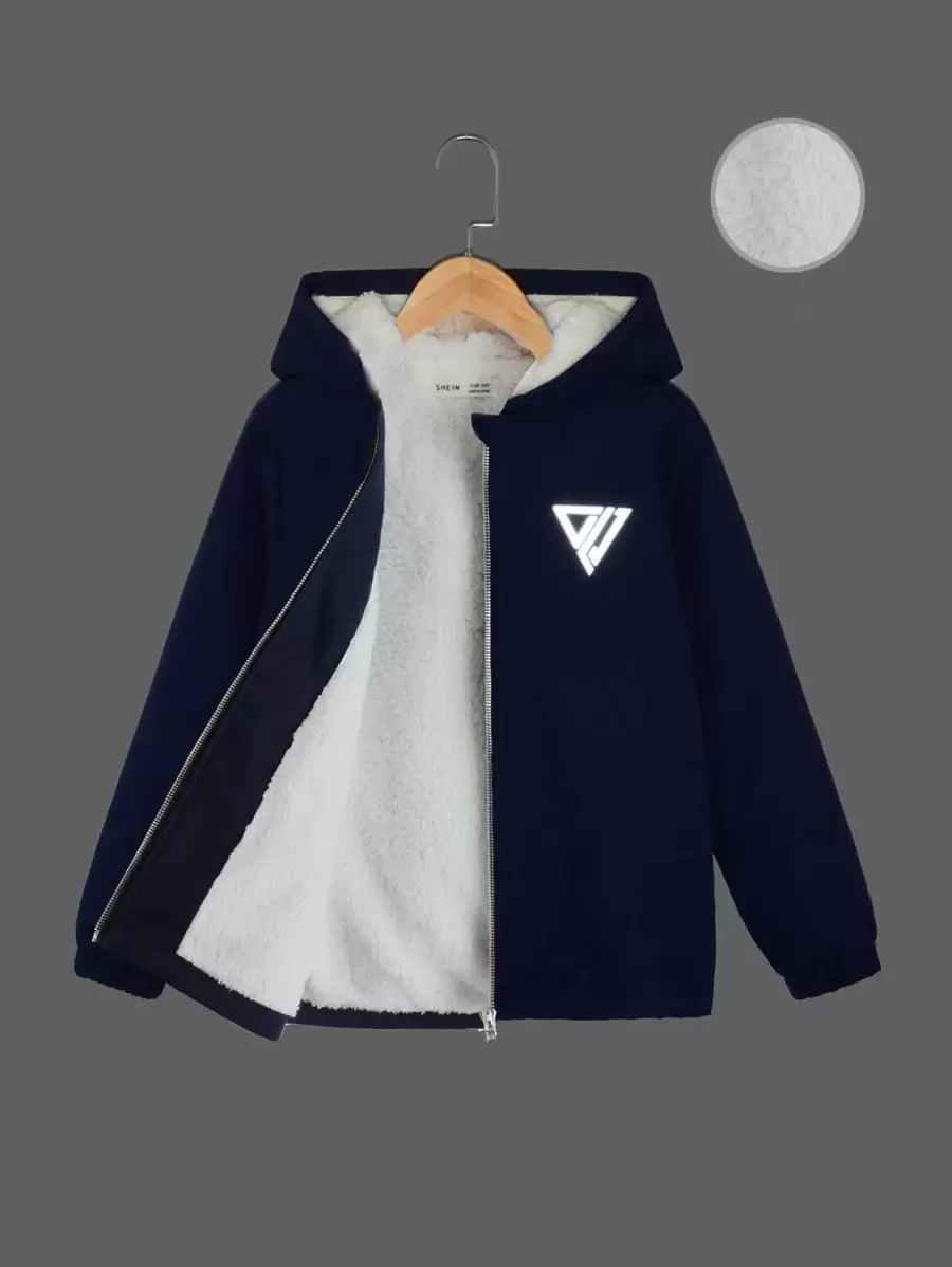 SHEIN Boys Reflective Geo Print Teddy Lined Hooded Jacket - Navy Blue - View 1