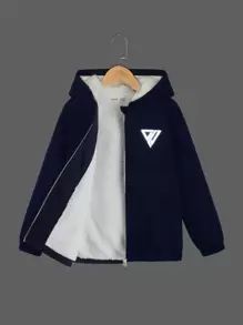 SHEIN Boys Reflective Geo Print Teddy Lined Hooded Jacket - Navy Blue - View 8