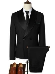 Manfinity Mode Men Shawl Collar Double Button Blazer & Suit Trousers - Black - View 5