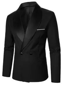 Manfinity Mode Men Shawl Collar Double Button Blazer & Suit Trousers - Black - View 4