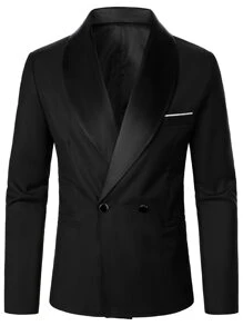 Manfinity Mode Men Shawl Collar Double Button Blazer & Suit Trousers - Black - View 6