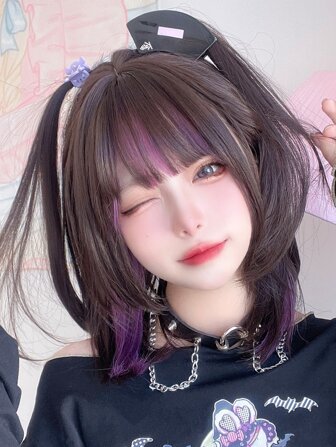 alicegarden 1 件合成耐热、直头、姬剪假发、多色假发、16 英寸长、全机器编织日常自然逼真假发圣诞装饰新年 Y2k 圣诞装饰礼物闪购派对闪购特价（不包括配饰）