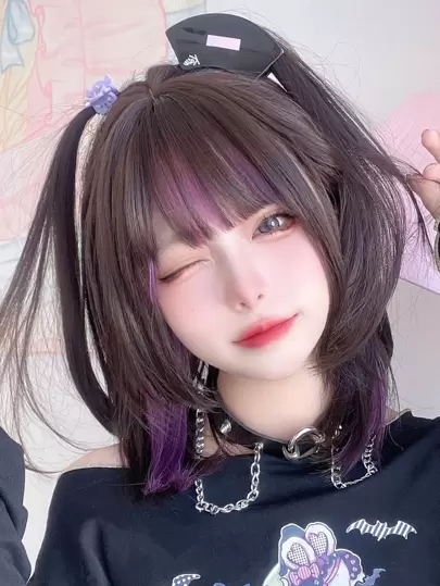 alicegarden 1 Pieza Peluca sintética resistente al calor, corte Caput, corte Hime, en Pelucas multicolor, 16 pulgadas de largo, tejida a máquina completamente, Peluca natural realista para uso diario, Decoración navideña, Decoración de Año Nuevo Y2k, Regalos, Oferta flash, Oferta especial (excluyendo accesorios)