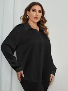 SHEIN Clasi Plus Solid Button Front Shirt Fall Cloth For Women - Black - View 3