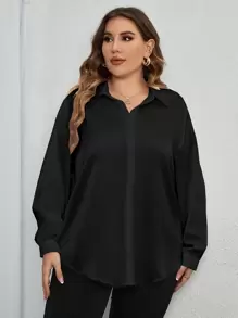 SHEIN Clasi Plus Solid Button Front Shirt Fall Cloth For Women - Black - View 4
