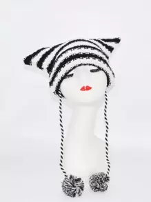 1 chiếc mũ len dệt kim họa tiết sọc ngựa vằn dành cho nữ có hai tai dựng đứng, có tua rua và dây để giữ ấm và tạo kiểu dễ thương cho mùa đông thu đông - Đen và trắng - Xem 12