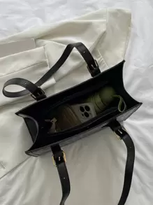 Plaid Embossed Hobo Bag - Black - View 4