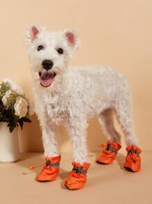 1set/4 piezas Zapatillas De Peluche Para Mascotas Con Diseño De Franjas Reflectantes, Adecuadas Para Mantener Cálido Y Limpio A Su Mascota En Otoño E Invierno - Naranja - Ver 1