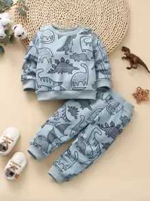Baby Boy Dinosaur Print Pullover & Sweatpants - Dusty Blue - View 1