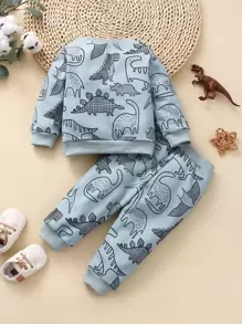 Baby Boy Dinosaur Print Pullover & Sweatpants - Dusty Blue - View 2