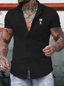 Manfinity Homme Áo sơ mi Nam Nút phía trước Lá thư Giải trí - màu đen - Xem 1