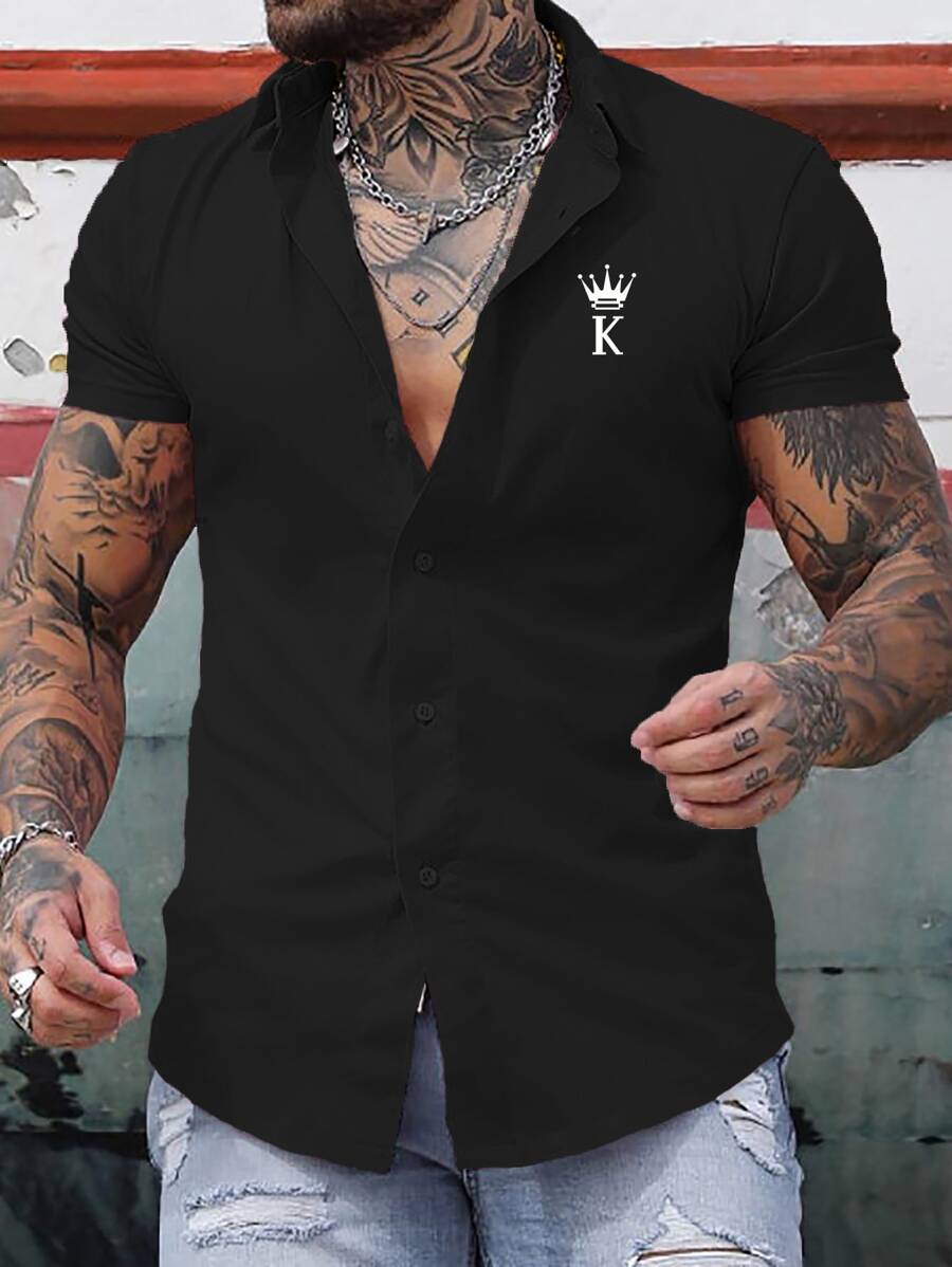 Manfinity Homme Áo sơ mi Nam Nút phía trước Lá thư Giải trí - màu đen - Xem 1