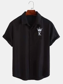 Manfinity Homme Áo sơ mi Nam Nút phía trước Lá thư Giải trí - màu đen - Xem 3