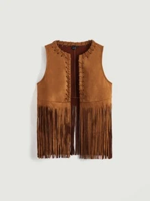 SHEIN MOD Fringe Trim Open Front Suede Vest Coat - Brown - View 1