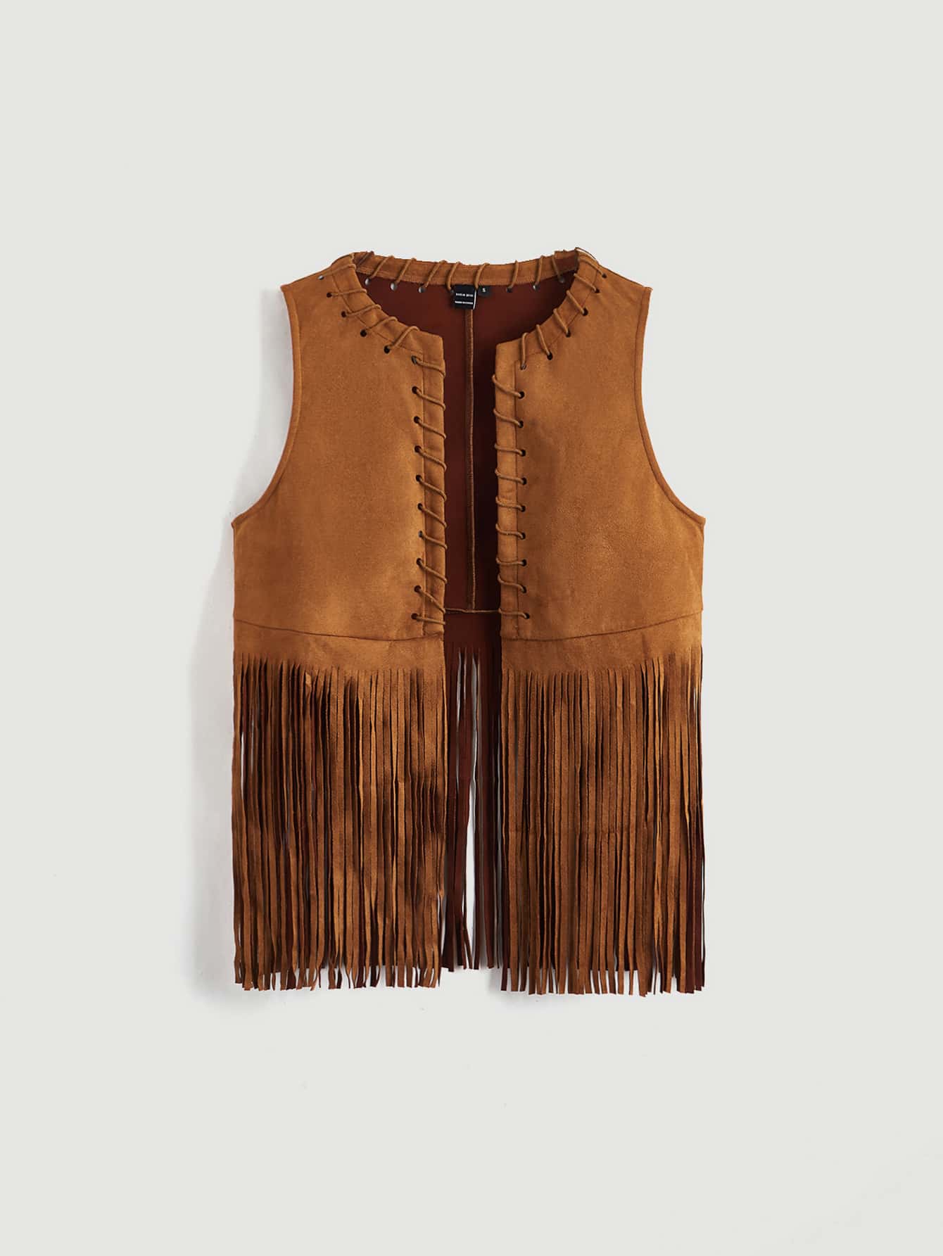 SHEIN MOD Fringe Trim Open Front Suede Vest Coat - Brown - View 1