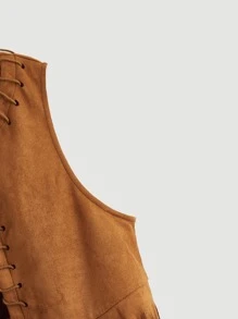 SHEIN MOD Fringe Trim Open Front Suede Vest Coat - Brown - View 4