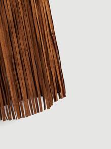 SHEIN MOD Fringe Trim Open Front Suede Vest Coat - Brown - View 5