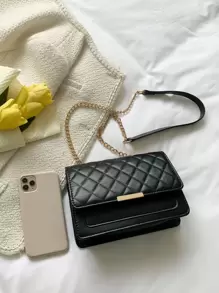 Quilted Chain Flap Square Bag - Black - View 4