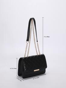 Quilted Chain Flap Square Bag - Black - View 3