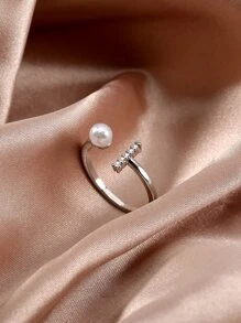 Nooxian Cubic Zirconia & Faux Pearl Decor Cuff Ring - Silver - View 3