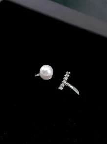 Nooxian Cubic Zirconia & Faux Pearl Decor Cuff Ring - Silver - View 4