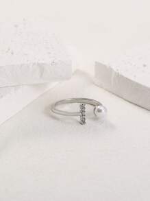 Nooxian Cubic Zirconia & Faux Pearl Decor Cuff Ring - Silver - View 5