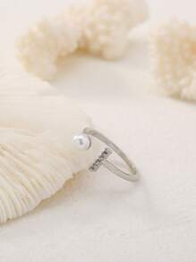 Nooxian Cubic Zirconia & Faux Pearl Decor Cuff Ring - Silver - View 6