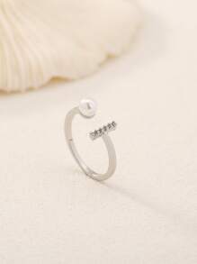 Nooxian Cubic Zirconia & Faux Pearl Decor Cuff Ring - Silver - View 7