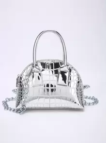 CONTAINEVERY Mini Metallic Crocodile Embossed Dome Bag - Silver - View 1