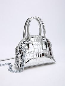 CONTAINEVERY Mini Metallic Crocodile Embossed Dome Bag - Silver - View 2