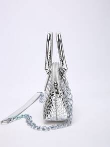CONTAINEVERY Mini Metallic Crocodile Embossed Dome Bag - Silver - View 3
