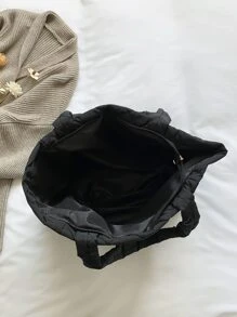 時尚尼龍素色絎縫線夾克托特包帶雙口袋設計和絲絨內組合包適合女士 - 黑色 - 查看 3