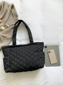 時尚尼龍素色絎縫線夾克托特包帶雙口袋設計和絲絨內組合包適合女士 - 黑色 - 查看 8