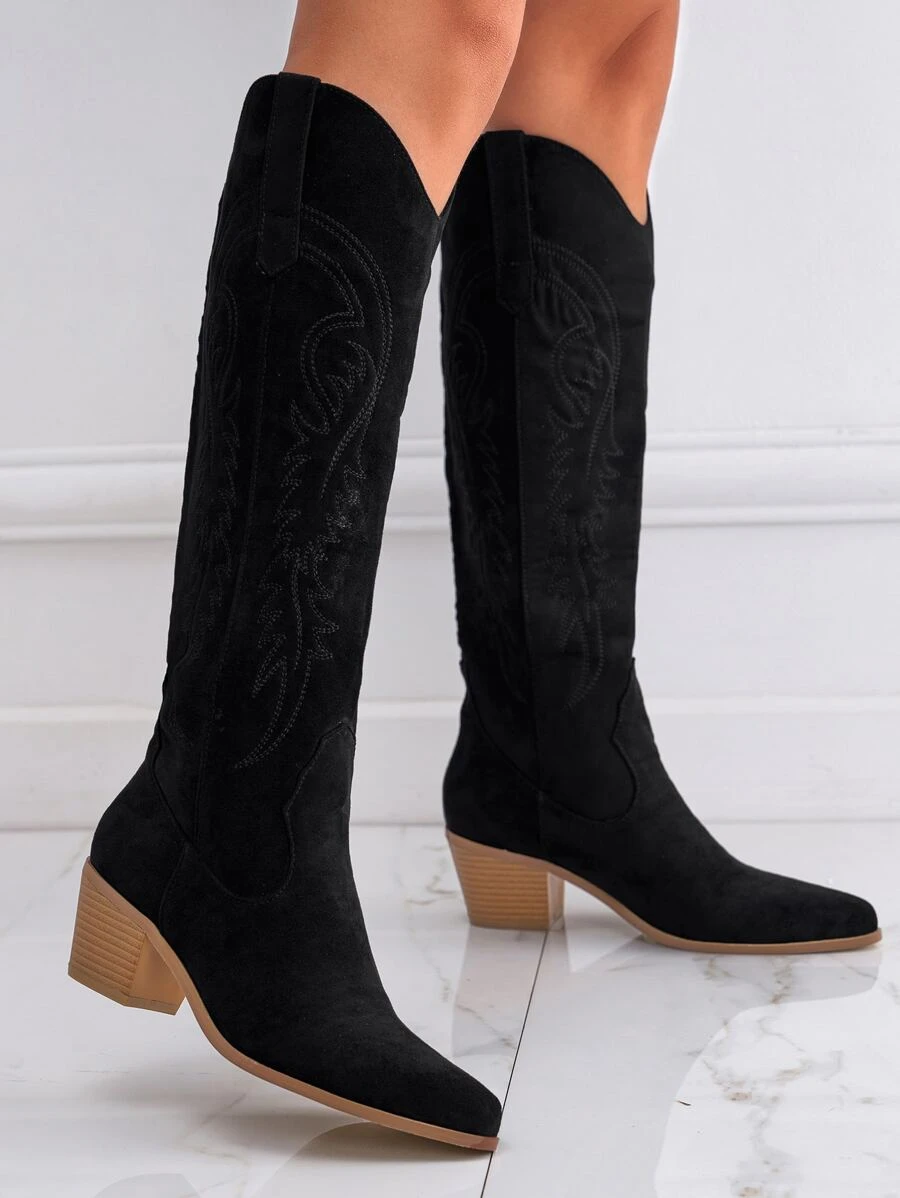 Women's Pointed Toe Western Style Embroidered Chunky Heel Tall Boots - Black - View 1