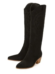 Women's Pointed Toe Western Style Embroidered Chunky Heel Tall Boots - Black - View 2
