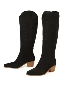 Women's Pointed Toe Western Style Embroidered Chunky Heel Tall Boots - Black - View 4