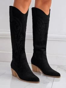 Women's Pointed Toe Western Style Embroidered Chunky Heel Tall Boots - Black - View 5