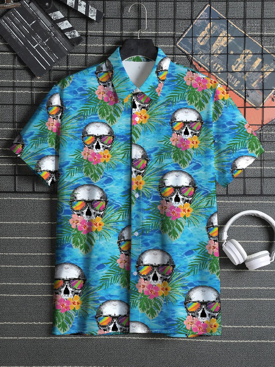 男士骷髏和花卉圖案襯衫