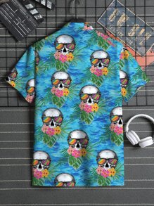 男士骷髏和花卉圖案襯衫