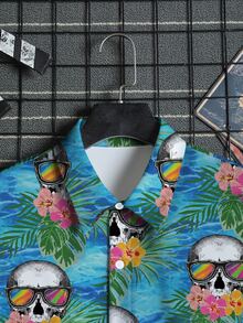 男士骷髏和花卉圖案襯衫
